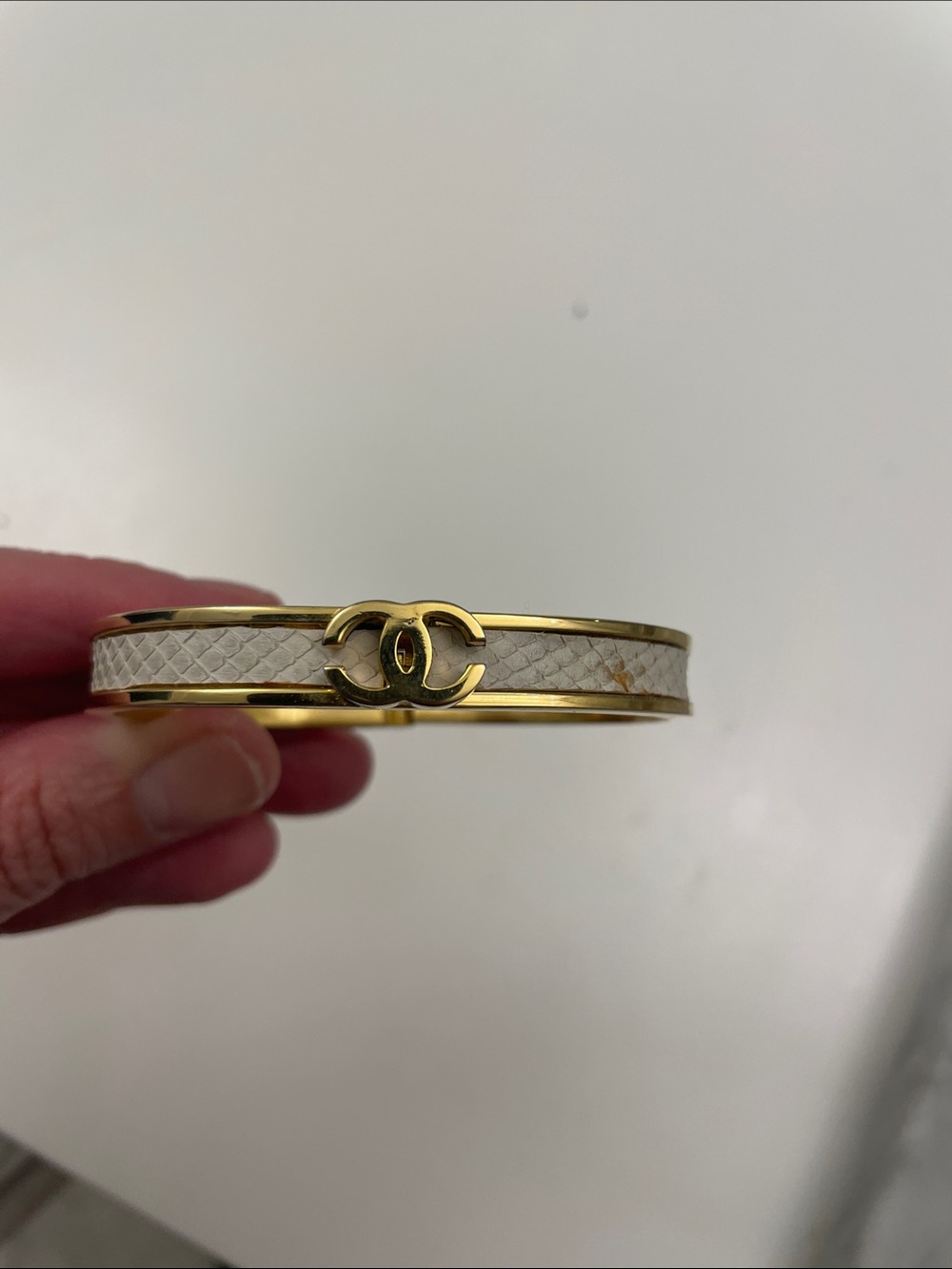 CHANEL vintage Gold and White CC Logo Leather-Trim Bangle Bracelet